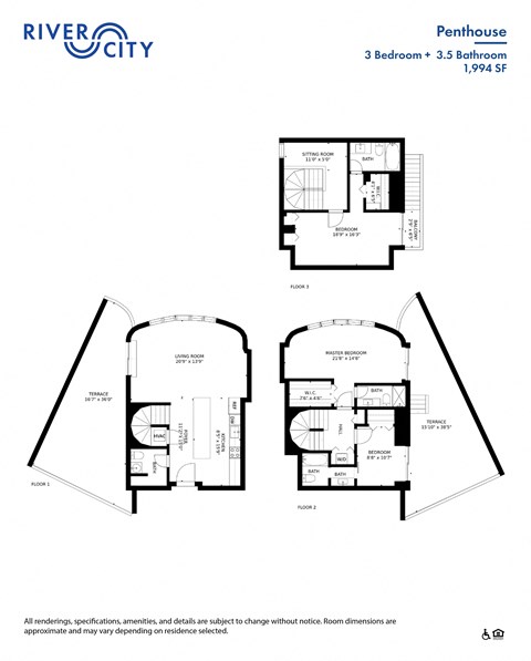 Floor plan for 3 beds, 3.5 baths, 1994 sqft